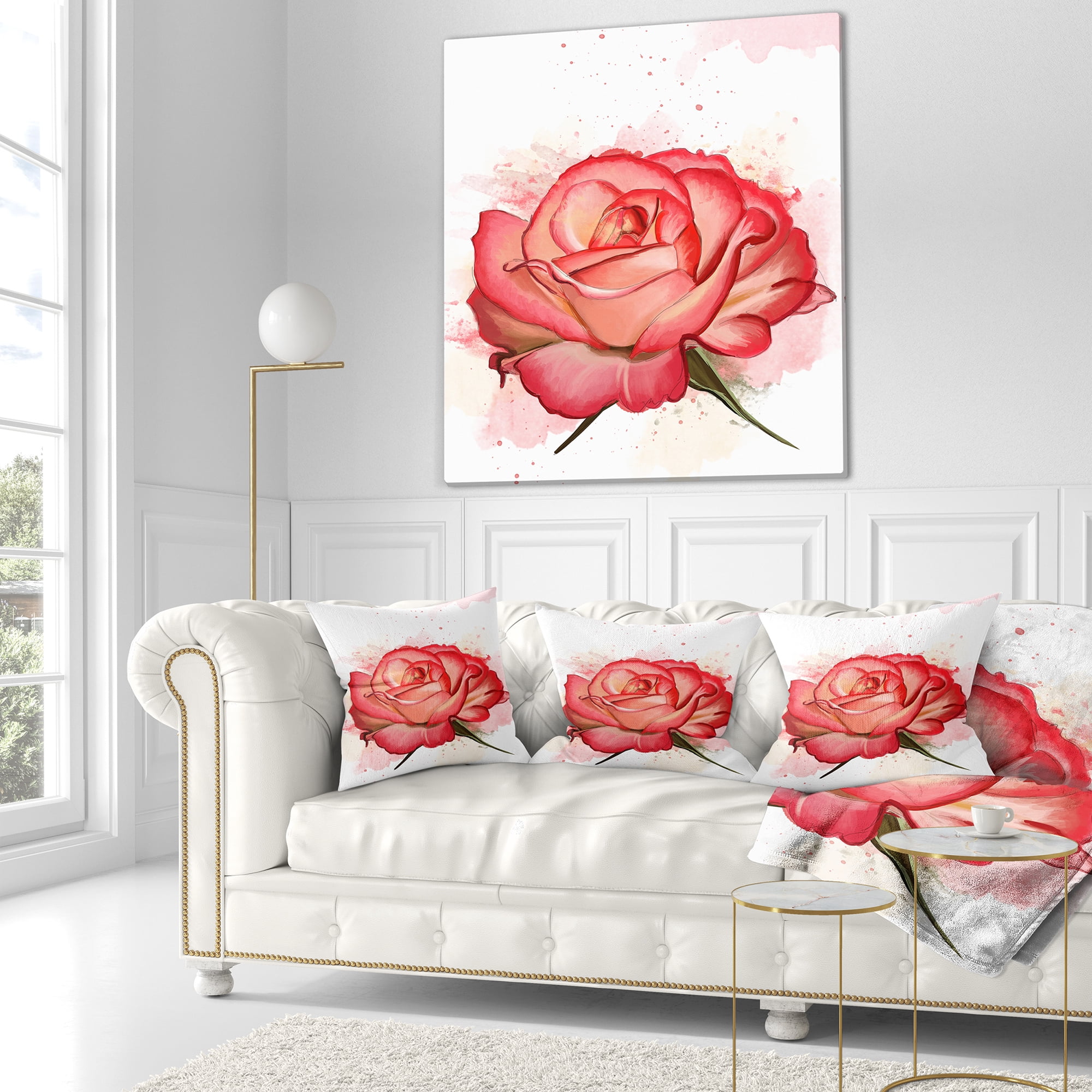 Designart Red Rose Illustration with Splashes - Floral Throw Pillow - 16x16