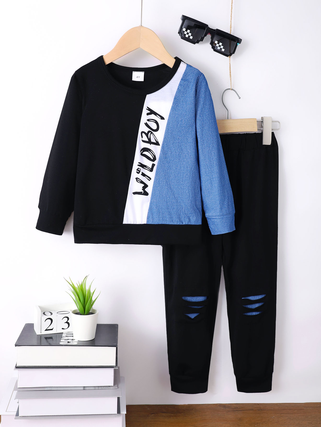 Mikrdoo 6 Years Little Boys Clothes 4Y,5Y,6Y Kid Boys Color Block Letter Graphics Spring Fall Tops Elastic Ripped Pants 2Pcs Casual Outfit Sets Blue