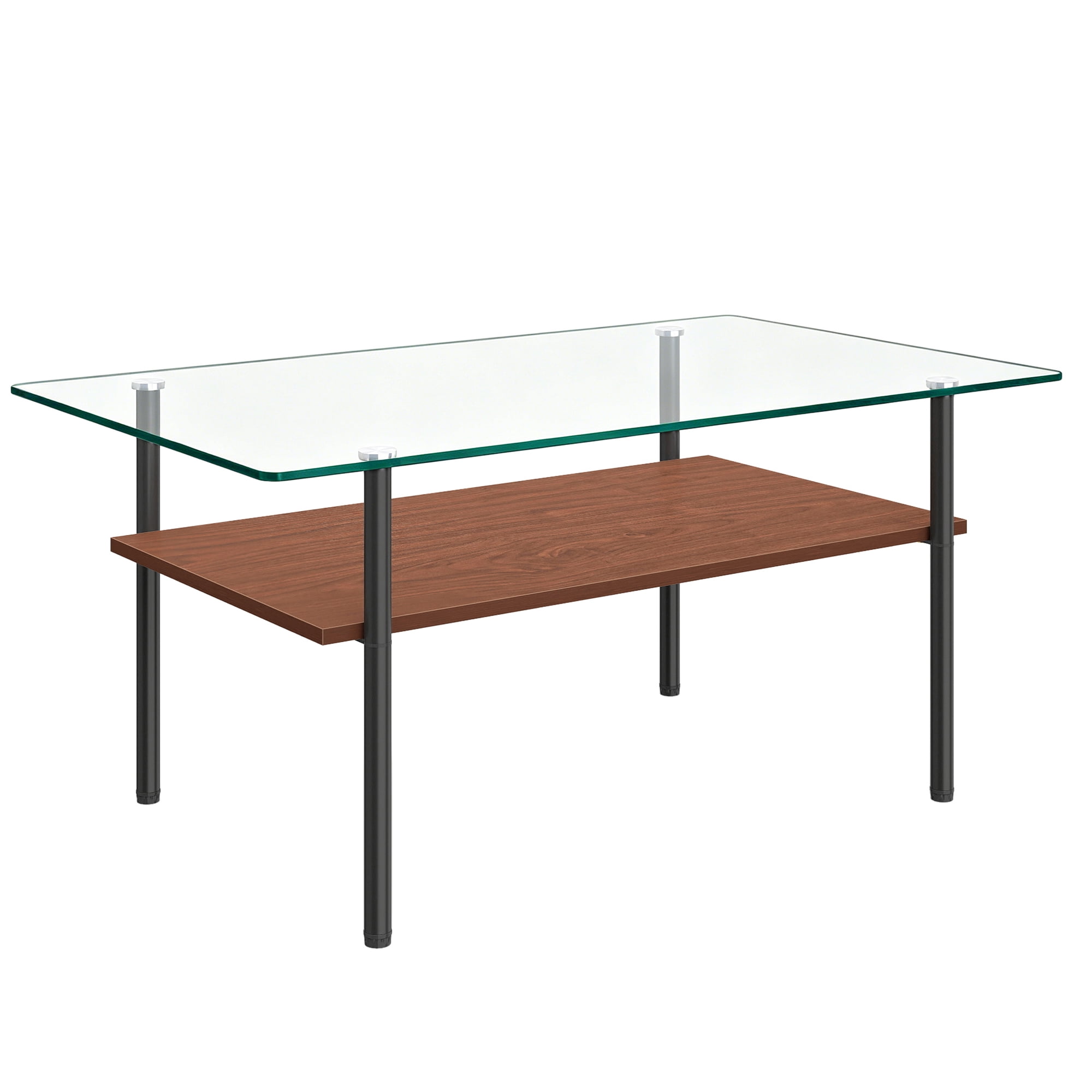 Modern Rectangular Glass Coffee Table with Tempered Glass Top and Wood Shelf, 38.6-Inch Center Table for Living Room, Transparent