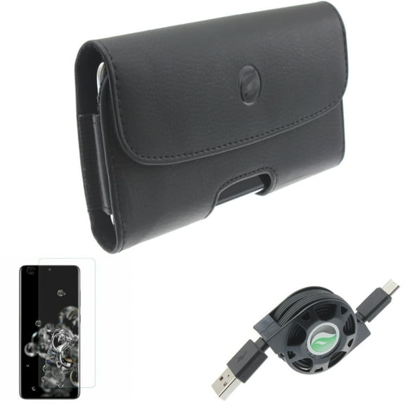 Screen Protector w USB Cable w Case Belt Clip for Samsung Galaxy S20 Ultra - Tempered Glass [Fingerprint Unlock] 3D Curved Edge, Retractable Type-C Charger, Leather Holster fits Galaxy S20 Ultra