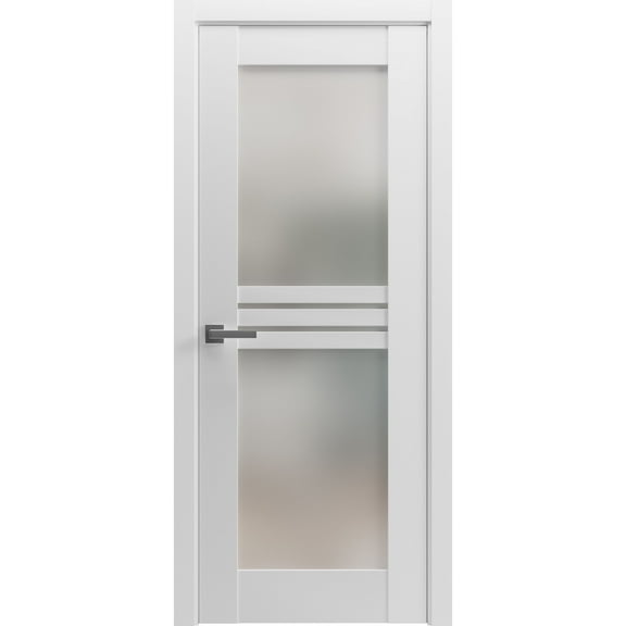 Solid French Pre-Hung Door Opaque Glass 4 Lites / Mela 7222 White Silk / Single Regular Panel Frame Handle / Bathroom Bedroom Modern Doors -18" x 84"