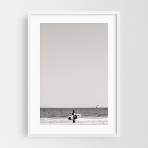 Surfer - Santa Monica California Photography Surf Beach Black and White Ocean Surfboard Minimalist Seascape White Framed Wall Art Print 12 x 18 inches
