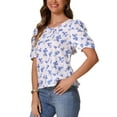 thumbnail image 4 of INSPIRE CHIC Women's Self Tie Back Summer Casual Puff Sleeve Round Neck Floral Blouse Top L White Blue, 4 of 6