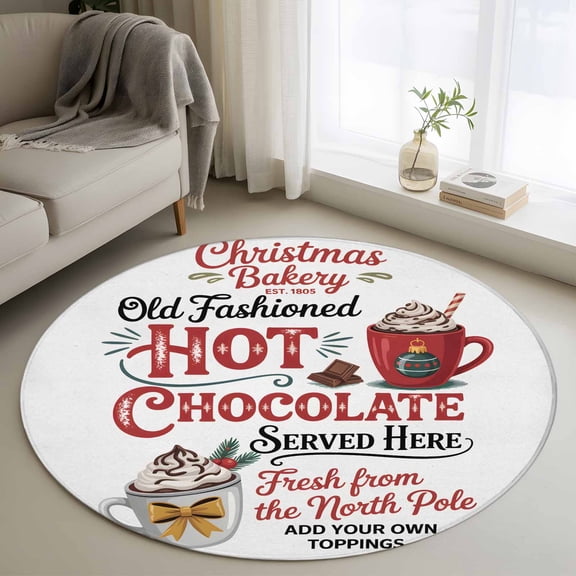 Christmas Hot Chocolate Round Rug 3ft Washable Circle Entryway Rugs Non Slip Winter Cocoa Vintage Area Rug Indoor Floor Carpet for Bedroom Kitchen Living Room Home Office Dining Room Nursery