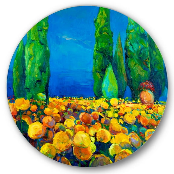 Designart 'Yellow Blossoming Flowers Landscape With Green Trees' Traditional Circle Metal Wall Art 36x36 - Disc of 36