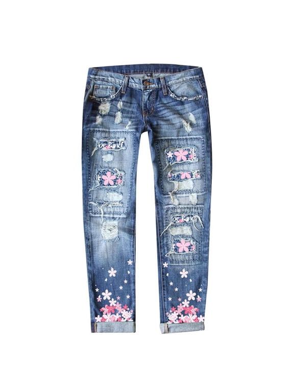 Ierhent Plus Size Women Jeans Women's Boyfriend Skinny Jeans Ripped Distressed Stretchy Denim Pants Blue,L
