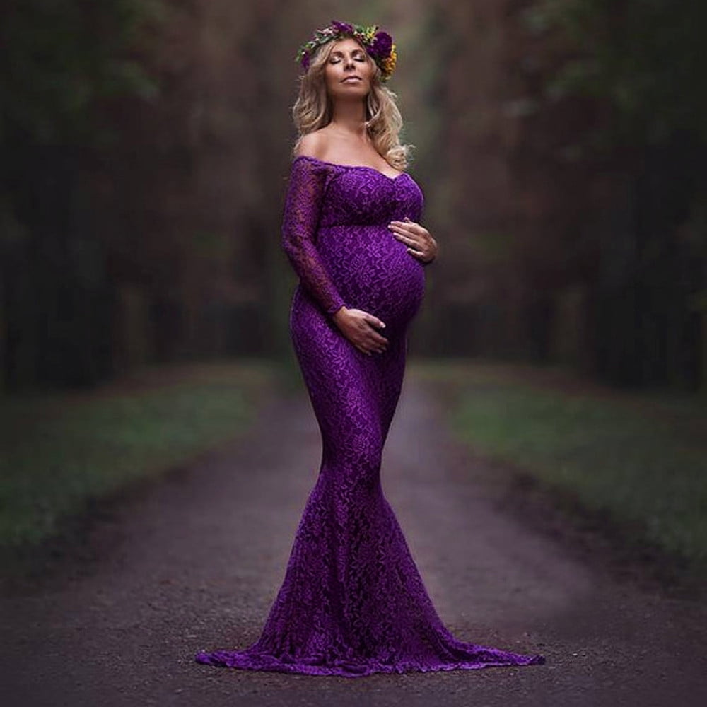 Cathalem Women s Split Maternity Dress Wedding Guest Dress Baby Shower Maternity Photoshoot Outfits Purple XL Walmart