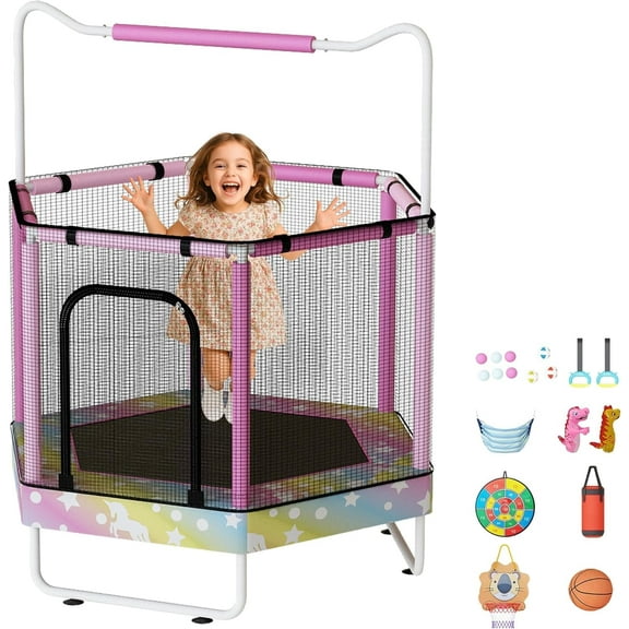 Baxluxe Toddler Trampoline for Kids Ages 3-8, 55in 7-in-1 Upgraded Indoor Trampoline with Net ,500lbs Capacity Safe Trampoline,Inside Pink Mini Trampoline Boys Girls Outdoor Adjustable Height