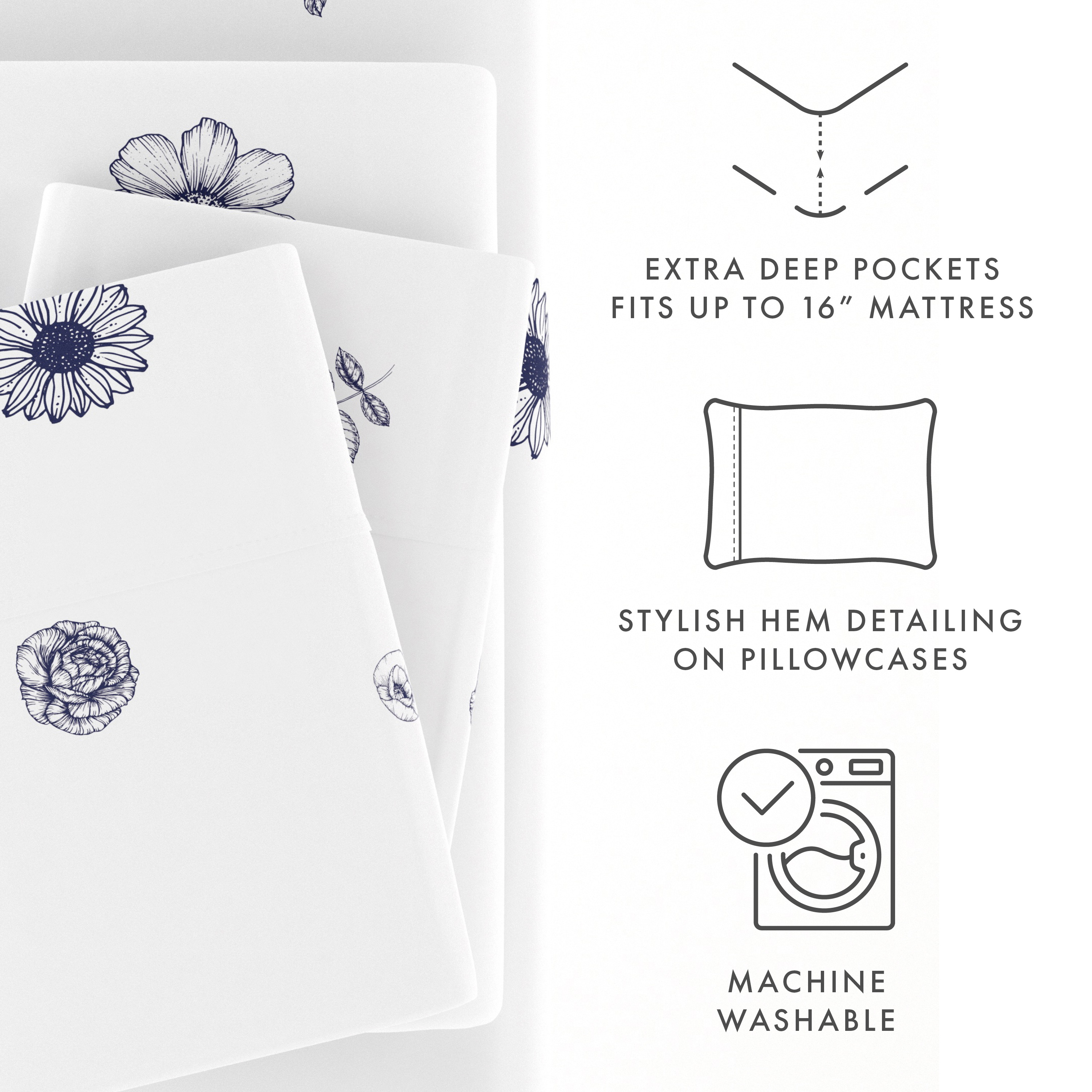Noble Linens 4 Piece Pattern Microfiber Bed Sheets Set, Navy Indigo Flowers, California King