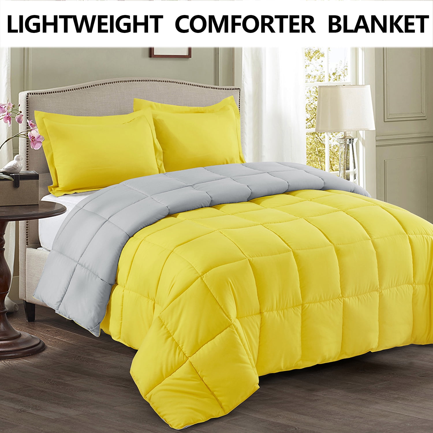 HIG 3pc Down Alternative Comforter Set Soft Hypoallergenic Quilted Duvet Insert with Corner Tabs Fluffy All Season Reversible Comforter with Two Shams Yellow/Light Gray, King/Cal King