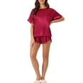 thumbnail image 2 of INSPIRE CHIC Women's Satin Pajama Set Spring Summer Short Sleeve Pullover T-shirt with Shorts Sleepwear XS Burgundy, 2 of 6