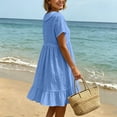 thumbnail image 5 of 2026 Summer Dress for Women Cotton Linen Peter Pan Collar Tie Neck Short Sleeves Ruffled Hem Knee-Length Dress, 5 of 7