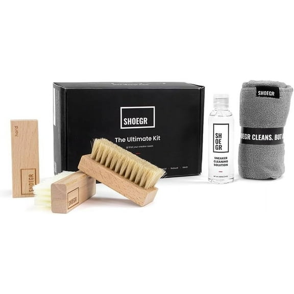 SHOEGR Unisex-Adult Ultimate Shoe Cleaning Kit Suitable For Sneaker, Nubuck, Canvas, Trainers, Multi-Material & Suede Shoe Care Kit-Cleaning Solution, Brushes & Microfiber Towel Shoe Cleaner Black