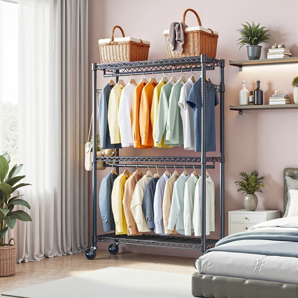 Heavy Duty Rolling Garment Rack, 3-Tier Adjustable Wire Shelving Clothes Rack with 2 Hanging Rods, Side Hooks & Wheels, Black
