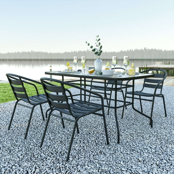 Emma   Oliver 5 Piece Patio Table & Chairs Set with 31.5"x55" Rectangular Metal Table with Tempered Glass Top and 4 Black Aluminum Stacking Chairs