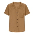thumbnail image 3 of OGLCCG Cotton Linen Shirts for Women Casual V-Neck Short Sleeve Button Up Blouse Tops Lightweight Beach Vacation Tees,XL,Khaki, 3 of 5