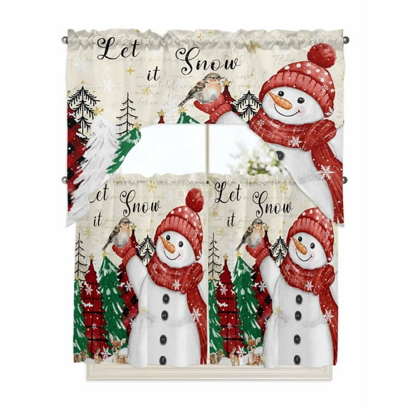 Red Snowman Christmas Kitchen Curtains Swag Valance and Tier Curtains Set 36 Inch Length, Xmas Tree Snowflake Vintage Rod Pocket Drape Panels Pair Swag Curtains for Bathroom/Cafe/Window