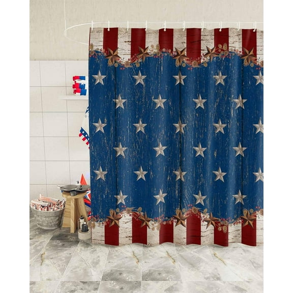 American Flag Rustic Wood Shower Curtain, Independence Day Shower Curtain Set with Hooks, Spring Summer Waterproof Fabric Shower Curtains for Bathroom Decor, 72x72 Inch Bath Curtain