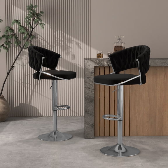 UIXE Velvet Black Bar Stools Set of 2 Modern High Back Swivel Barstool for Kitchen Counter Square Island