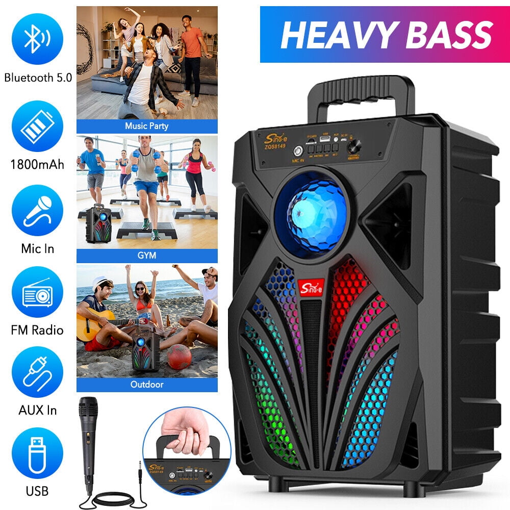 8Inch Portable Bluetooth 5.0 Speaker, Party Speaker Stereo Subwoofer Heavy Bass Sound System with Colorful LED Lights and Mic, Black