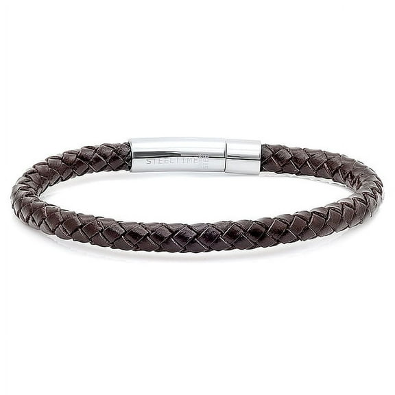 SteelTime Braided Genuine Leather Bracelet for Men with Push & Pull Closure, Brown 8.5"