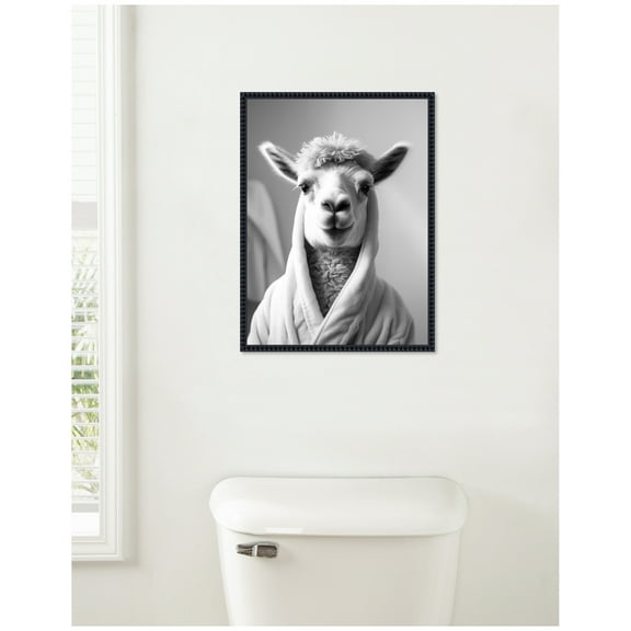 Kate and Laurel Llama Bathroom Art Towel Robe Black and White Framed Canvas Wall Art by The Creative Bunch Studio 18 x 24 Sylvie Beaded Black, Whimsical, Animals, Humor, Bathroom Art for Wall Decor,