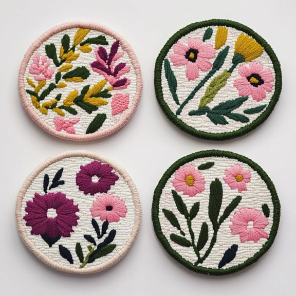 4 Set DIY Punch Needle Coaster Kits Wild Flowers Easy for Beginners with Adhesive Felt Hoop Punch Needle Embroidery Starter Set with Pattern for Drink Cups Mat Home Decor-4
