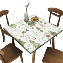 Fitted Elastic Edge Square Tablecloths, Green Christmas Tree Polyester Table Cloth, for Indoor Holiday Family Banquet and Outdoor Patio Use, Fit for 36" x 36"Square Table