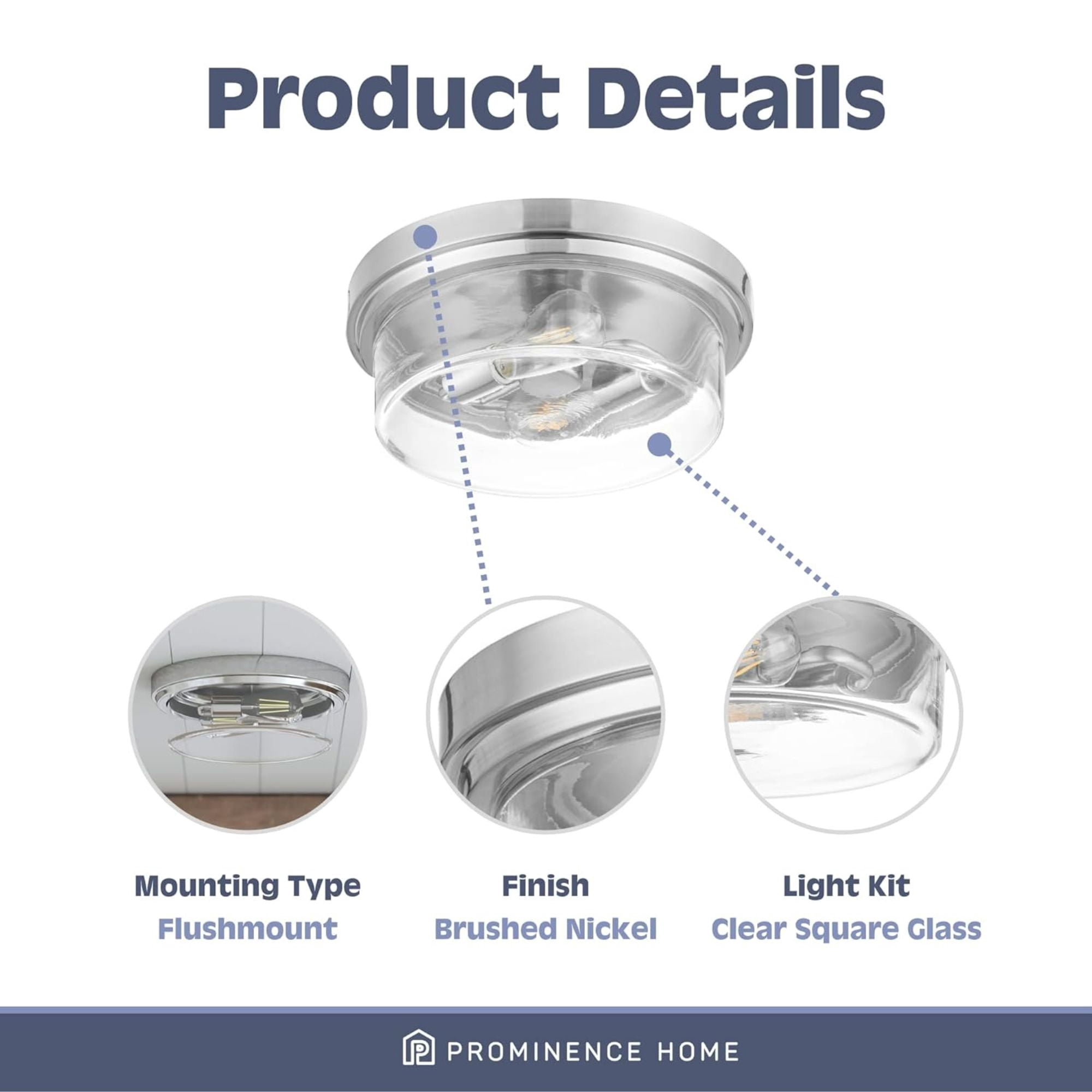 Prominence Home 3 Pack Madalyn 13" Ceiling Light, Clear Drum Glass, Brushed Nickel