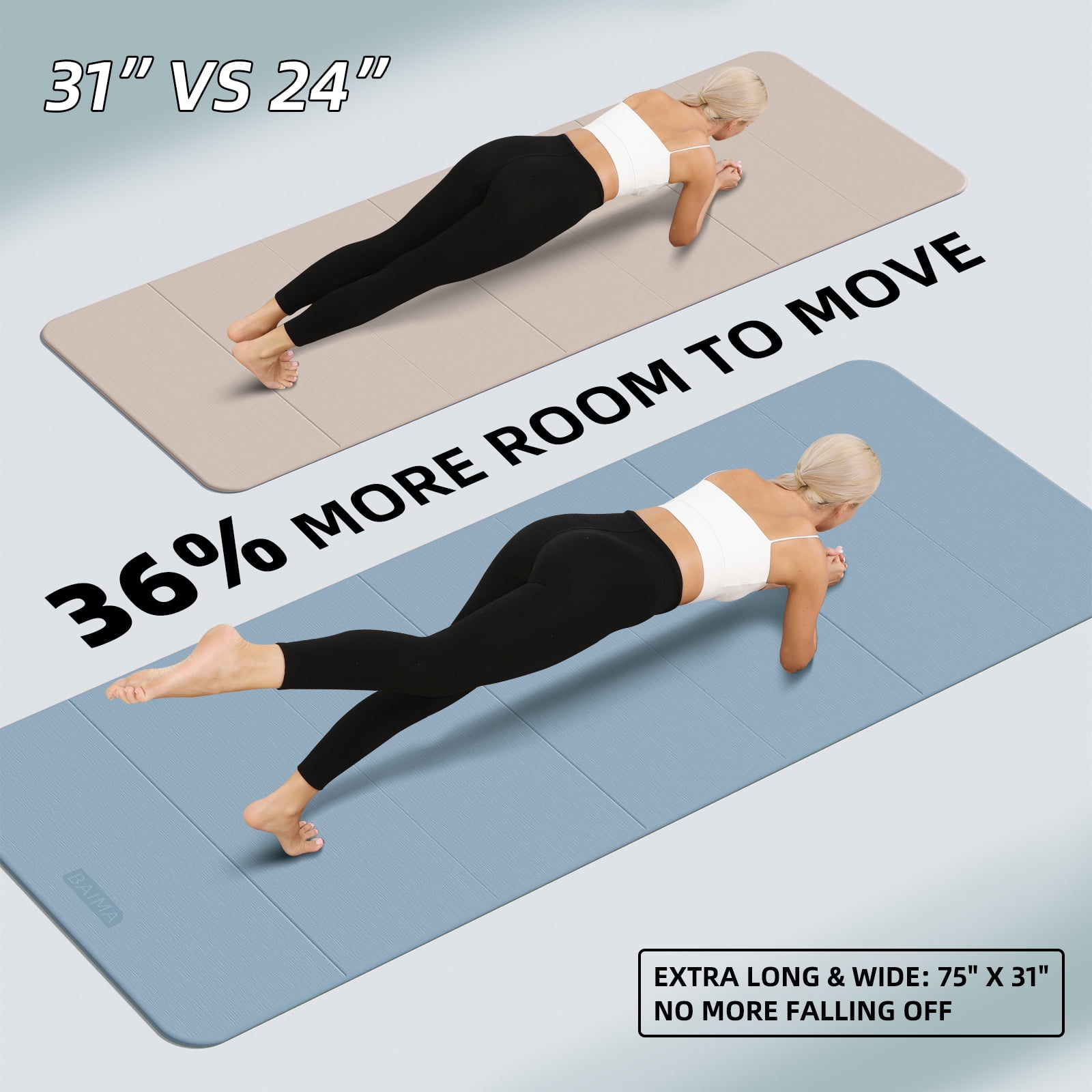 BAIMA Extra Wide Yoga Mat 31.5" x 75" length Large Non-Slip TPE Foldable,Exercise Matt for Yoga Pilates,Home Gym Flooring, Meditation(Blue Gray)