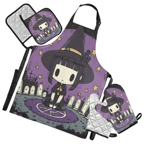 5 Pcs Kitchen Set Heat Resistant Oven Mitts and Non-Slip Pot Holders with Adjustable Cooking Apron Cute Witch Tombstones Star