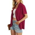 thumbnail image 3 of JWD Women’s Summer Cardigans Lightweight Open Front Draped Ruffles Hem Short sleeved thin cardigan with curved edges, elegant, casual, lightweight cardigan Wine Red-L, 3 of 6