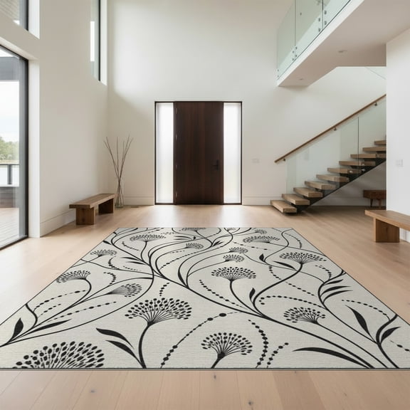Design&I 8'x10' Washable Area Rug Sleek Flatweave Pet Friendly Black White Elegant Floral and Vine Design Graceful Curves with Dotted Detailing for King Size Bedroom, Under Bed
