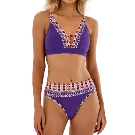 Women High Waisted Bikini Sets 2 Piece Swimsuit Triangle Sexy Color Block String Swim Suits For Women 2025 Swimwear Purple XXXXL