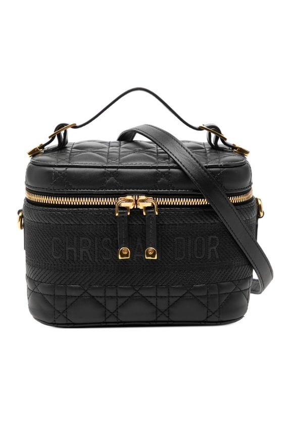 Pre-Owned Christian Dior Dior Cannage Small Vanity Bag, Shoulder 2-Way, Black Leather, Women's