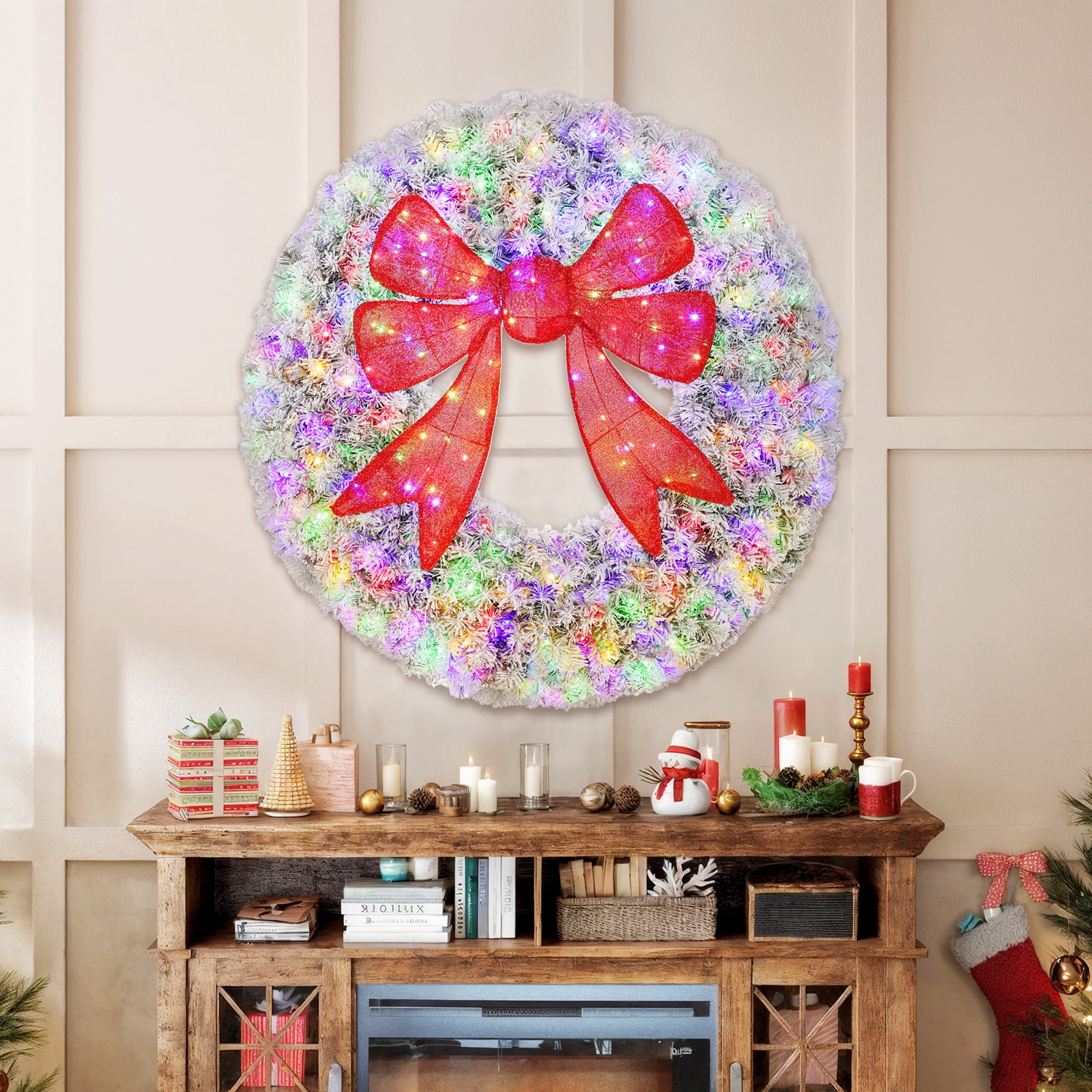 Juegoal 21 Inch Pre-Lit Christmas Wreath - 60 LED Lights, Red Bow, Battery Operated With Timer