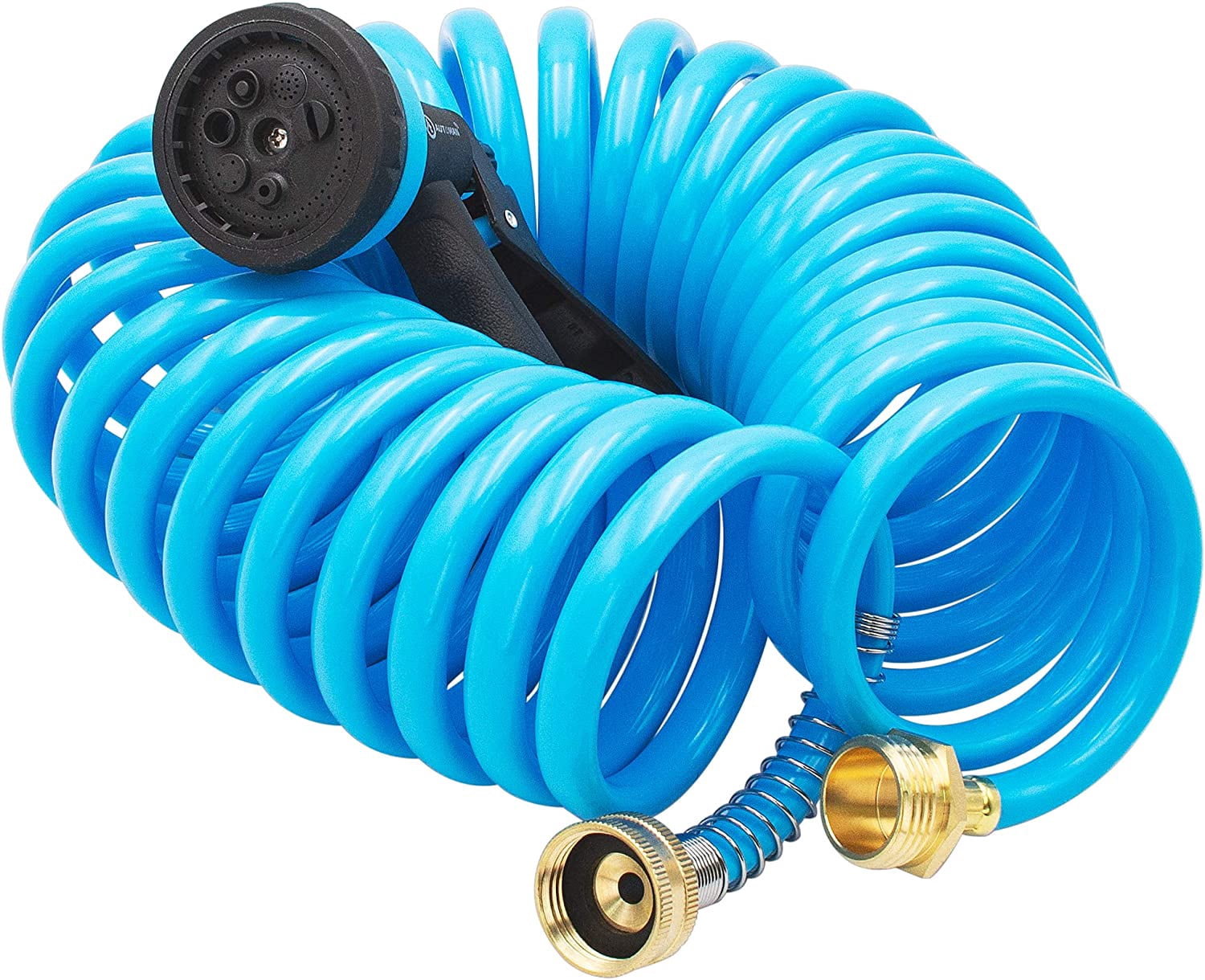AUTOMAN EVA Recoil Garden Hose 25ft - Includes 7 Pattern Spray Nozzle, Corrosion Resistant Garden Coil Hose. Blue