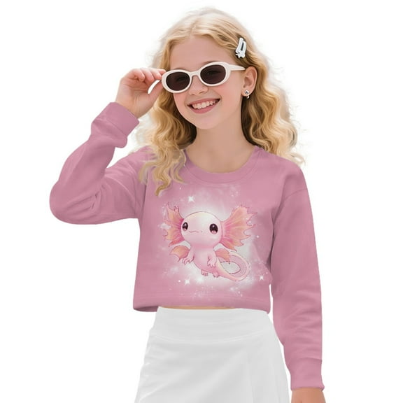 COEQINE Girls Crop Top Sweatshirt Long Sleeve Crewneck Fall Winter Pullover Cute Casual Loose Fit Streetwear Clothes for Kids Teen Age 5-6, Cute Axolotl Pink