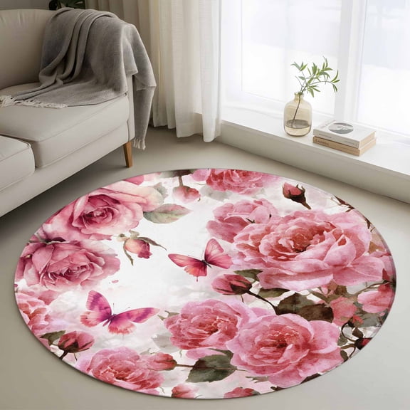 Small Round Rug 3Ft Washable Non-Slip, Pink Roses Circle Area Rugs for Living Room Bedroom, Spring Floral Elegant Pastoral Butterfly Indoor Floor Mats Carpet Runner for Home Decor