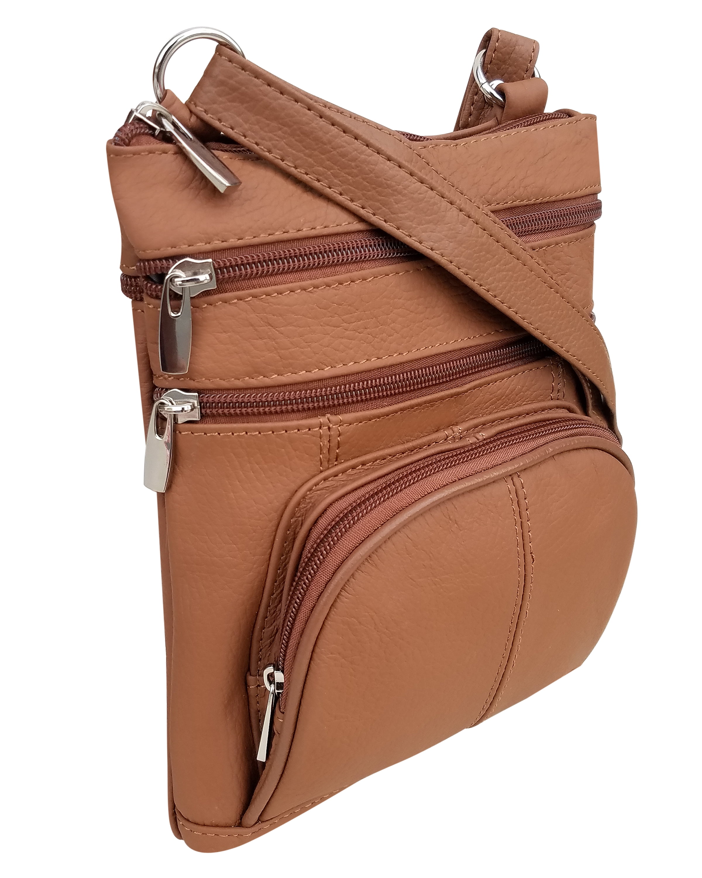 Roma Leathers Genuine Leather Multi-Pocket Crossbody Purse Bag (Light Brown)