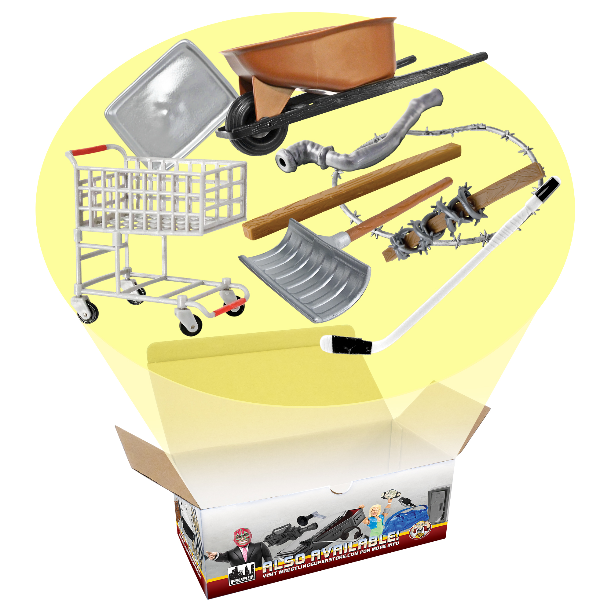 Street Fight Match Accessory Set For Wrestling Action Figures – Includes Shopping Cart, Barbed Wire Board, Trash Can & More