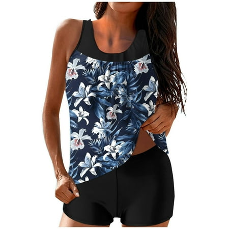 ZQGJB Blouson Tankini Swimsuits for Women Two Pieces Summer Tropical Printed Beach Flowy Swim Tank Top and Boyshorts Tummy Control Bathing Suits(Blue#01 XL)