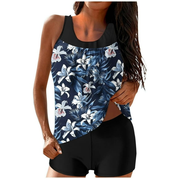 Brnmxoke Older Womens Swimsuits Tankini 2 Piece Printed Tummy Control Boho Bathing Suit Modest Blouson Swimwear with Boyshorts Blue,XL