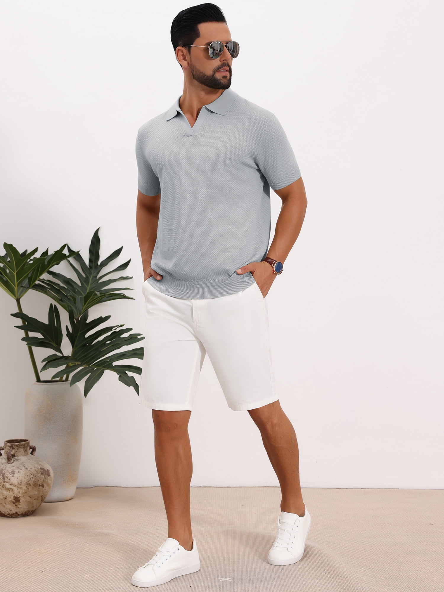 DARING DIVA Men's Textured Knit V Neck Short Sleeve Casual Golf Polo Shirt S Light Gray