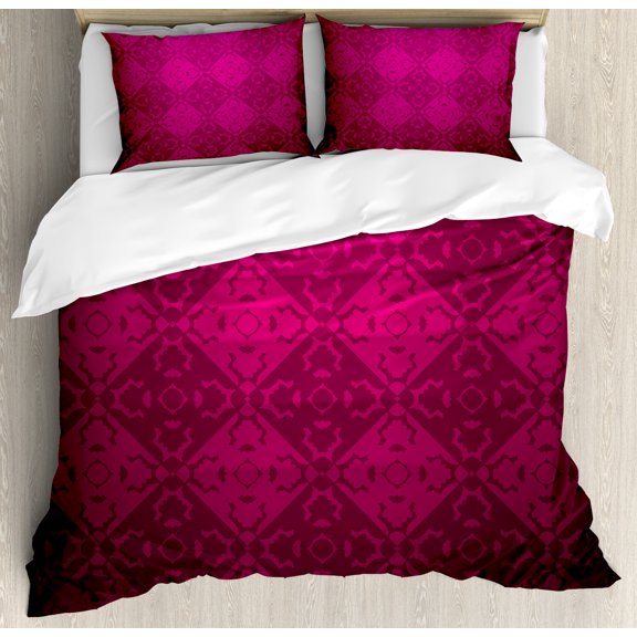 Magenta Duvet Cover Set, Ornamental Vintage Feminine Rectangular Forms Background Damask Dated Design, Decorative 3 Piece Bedding Set with 2 Pillow Shams, King Size, Maroon Fuchsia, by Ambesonne