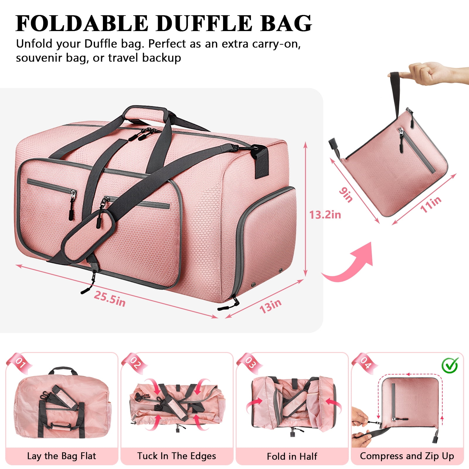 XUEYU 65L Travel Bag, Large Travel Duffel Bags with Shoes Compartment and Adjustable Strap, Foldable Travel Duffel Bags for Men Women,Waterproof Duffel Bags for Traveling Camping, Touring, Pink