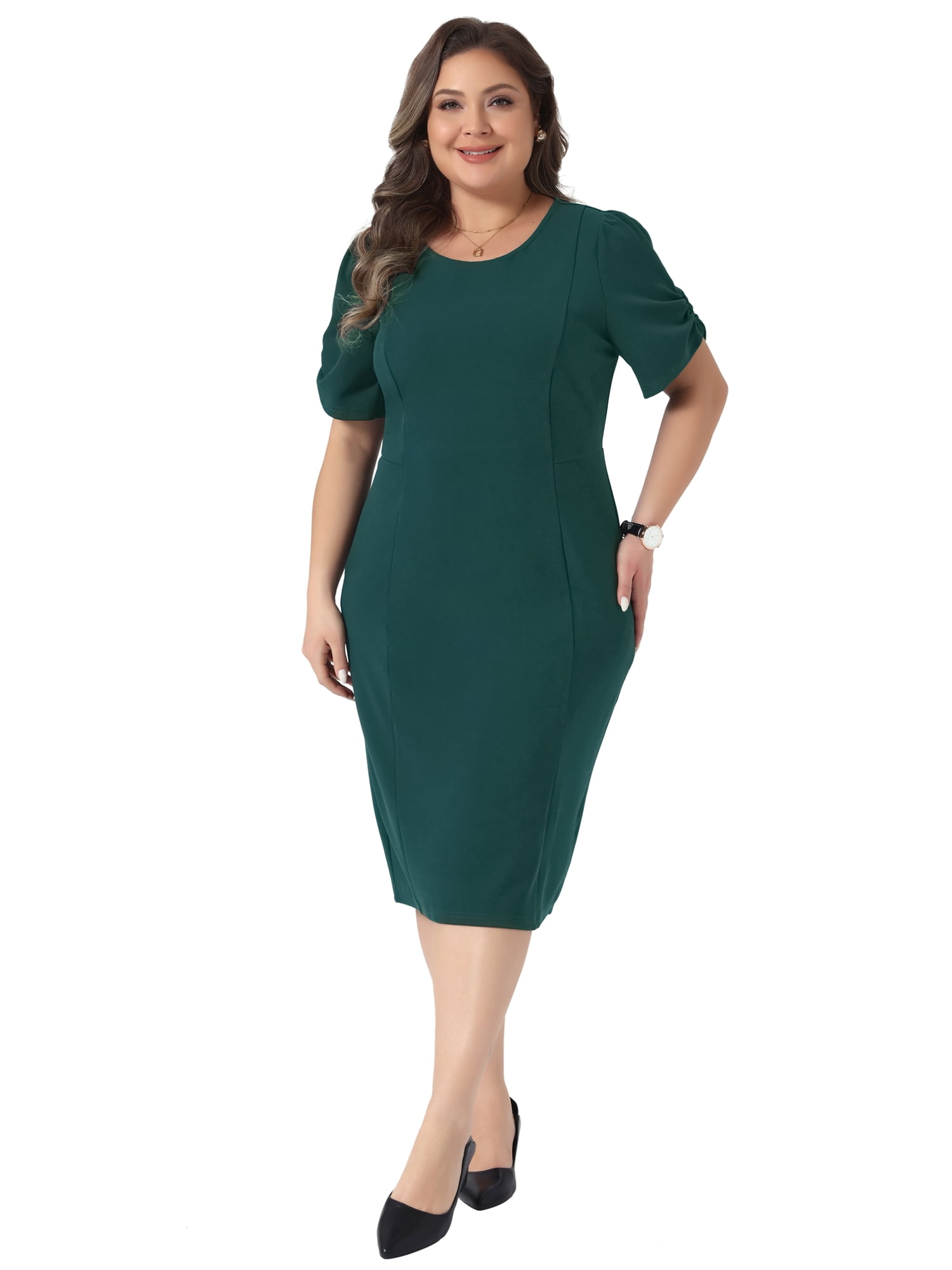 DARING DIVA Plus Size  Short Sleeve Sheath Solid Dress 2X Dark Green