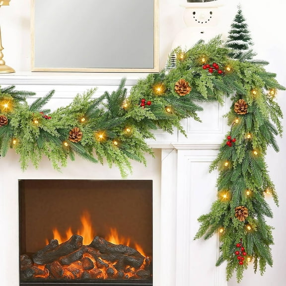 Bootesun 6FT Real Touch Norfolk Pine Garland, Artificial Cedar Garland, Christmas Garlands with Pine Cones Berries Cypress Branches Indoor Outdoor Mantle Table Christmas Decorations