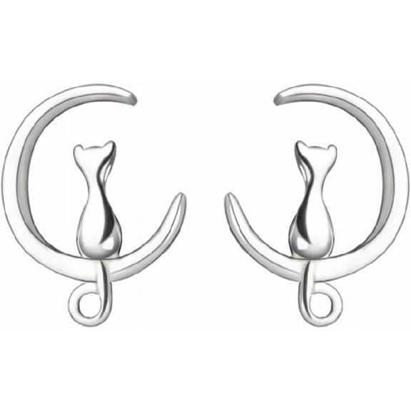Cat on the Moon Earrings Gold Silver Plated Funny Cute Cresent Kitten Animal Small Stud Earrings for Men Women Minimalist Birthday Mothers Day Christmas Halloween Party Fashion Jewelry Gifts