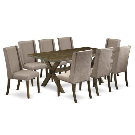 East West Furniture X-Style 9-piece Wood Dining Table Set in Dark Khaki Brown